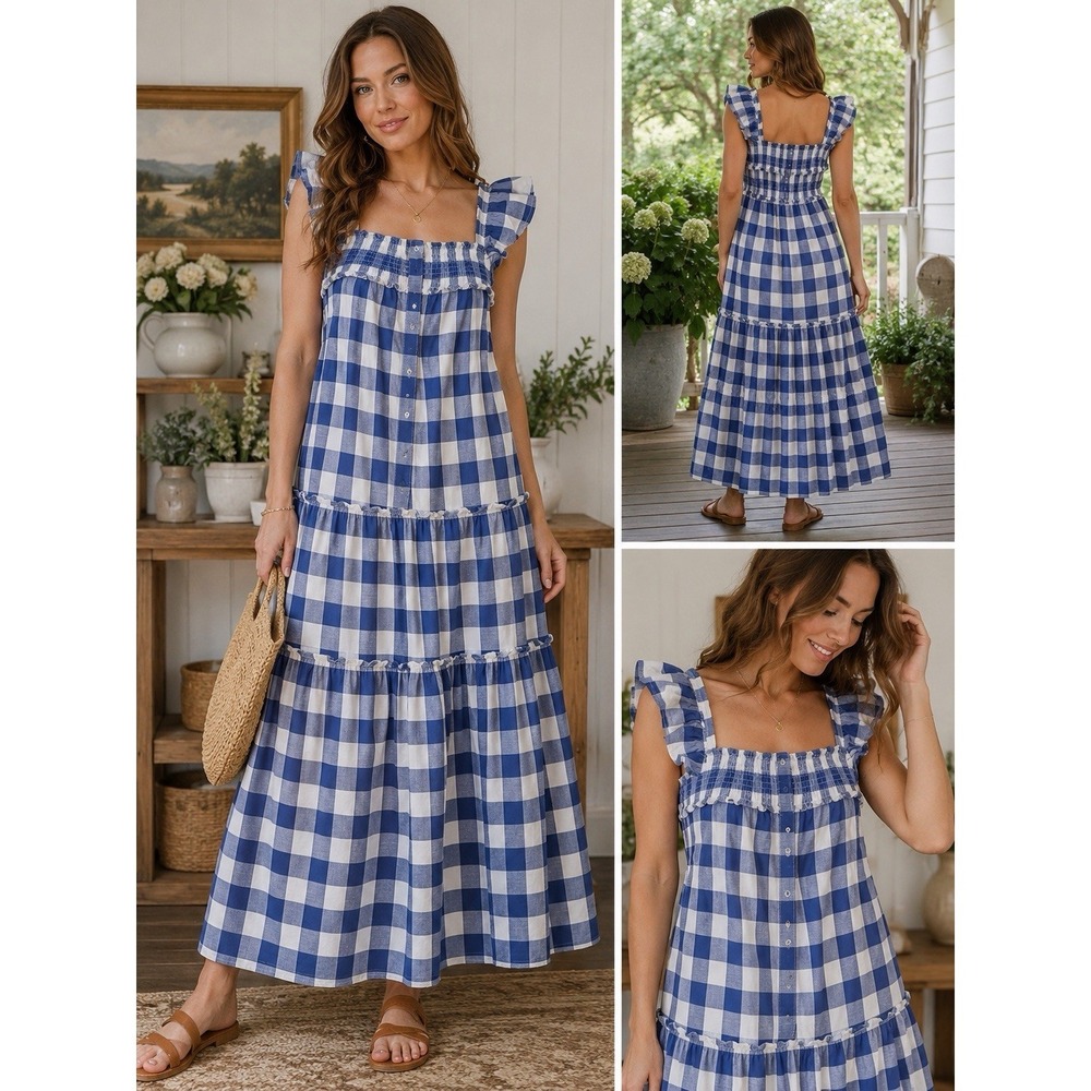 Old Navy Blue Gingham Maxi Dress Women Medium Smocked Flutter Sleeve Cottagecore - Picture 1 of 9